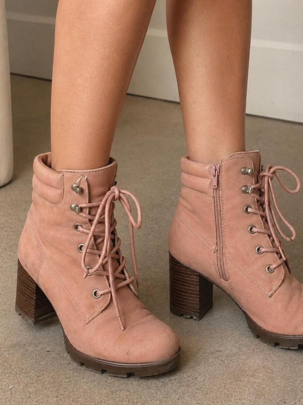 Pink Y2K Lace-Up Chunky Heeled Combat Boots